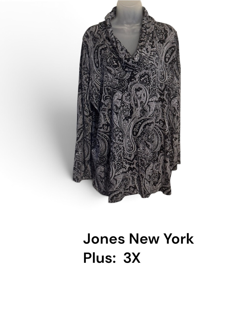 JONES NEW YORK  Black, Gray & White Paisley Cowl Neck Tunic Top  PLUS: 3X    #P